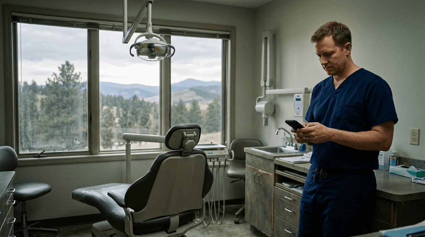 A dentist in scrubs checking his phone in a quiet treatment room