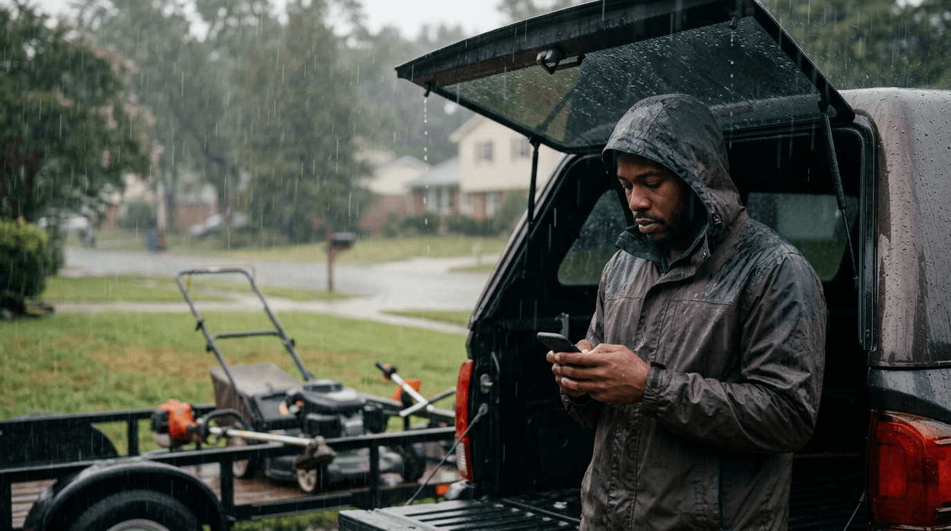 A landscaper in a rain jacket under his truck's open hatch, texting in the rain